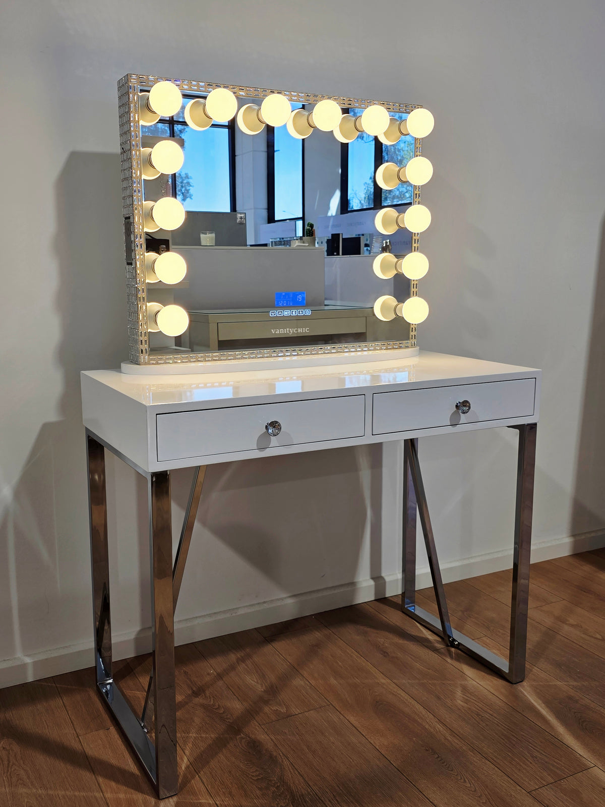PREMIUM QUALITY - Charlotte Makeup Table + Large Frameless Hollywood Makeup Mirror with Bluetooth Speakers/Tri-Lighting