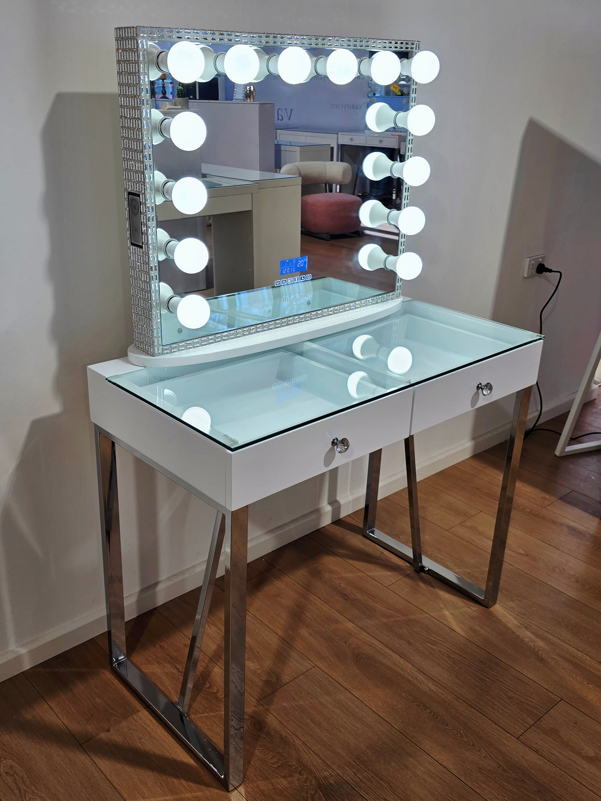 HIGH QUALITY - Mini Coco Makeup Table with Clear Glass Top + Large Frameless Hollywood Makeup Mirror with Bluetooth Speakers/Tri-Lighting