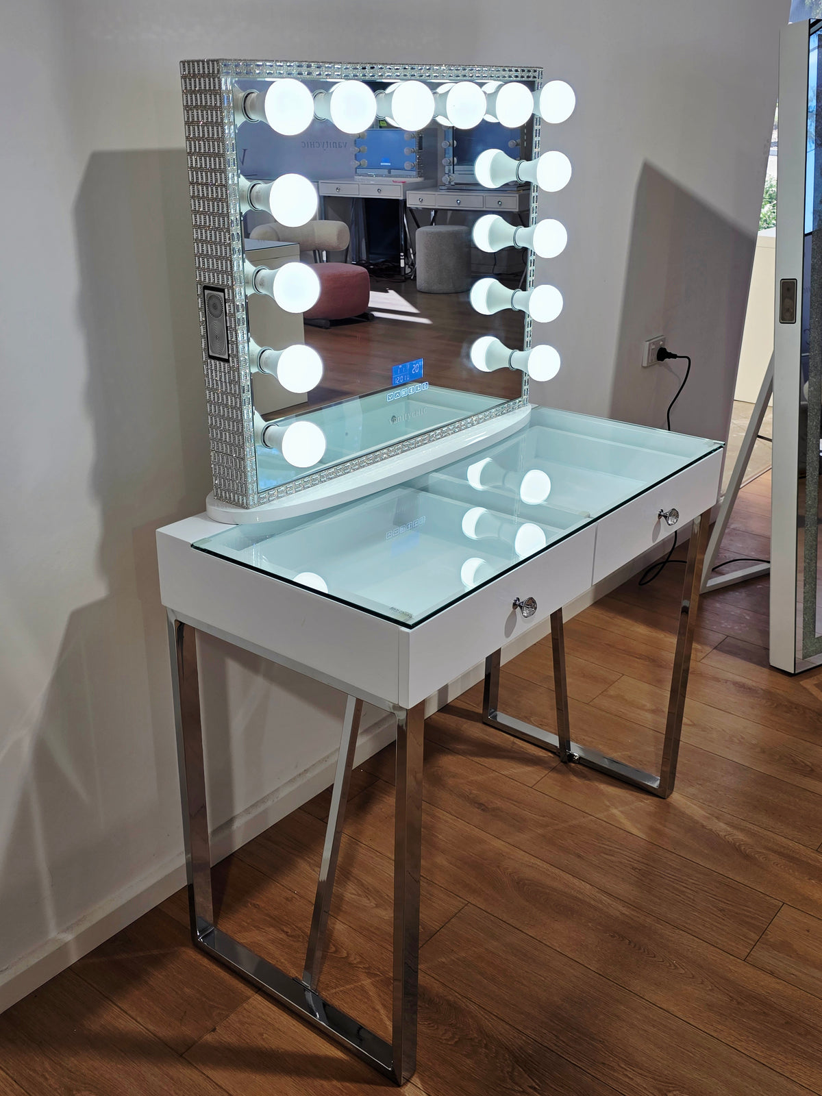 HIGH QUALITY - Mini Coco Makeup Table with Clear Glass Top + Large Frameless Hollywood Makeup Mirror with Bluetooth Speakers/Tri-Lighting