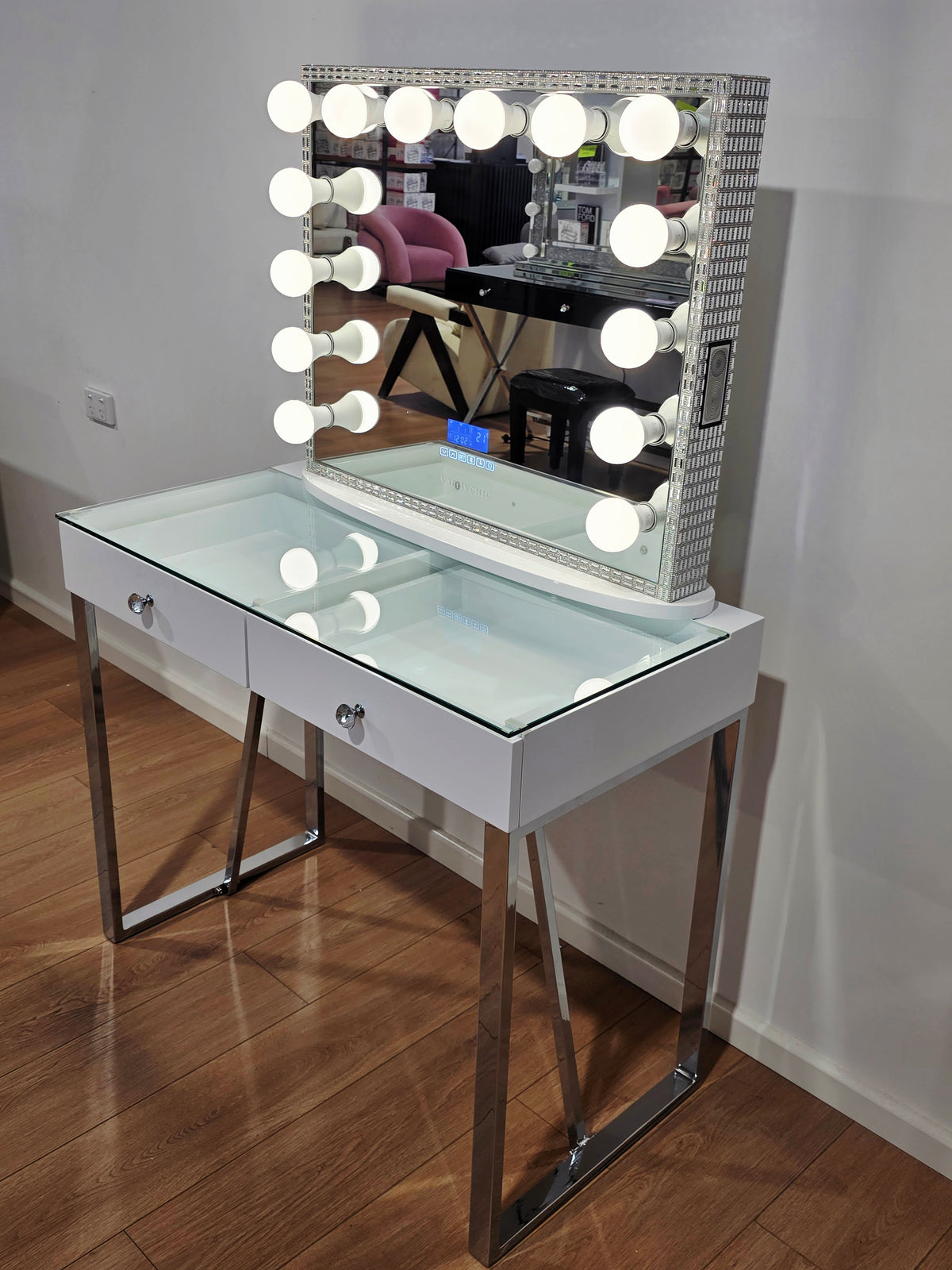 HIGH QUALITY - Mini Coco Makeup Table with Clear Glass Top + Large Frameless Hollywood Makeup Mirror with Bluetooth Speakers/Tri-Lighting