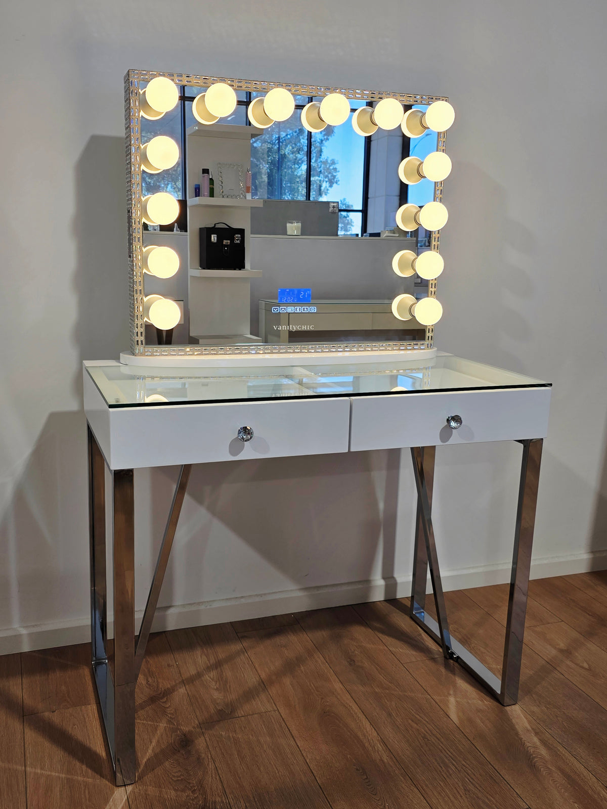 HIGH QUALITY - Mini Coco Makeup Table with Clear Glass Top + Large Frameless Hollywood Makeup Mirror with Bluetooth Speakers/Tri-Lighting