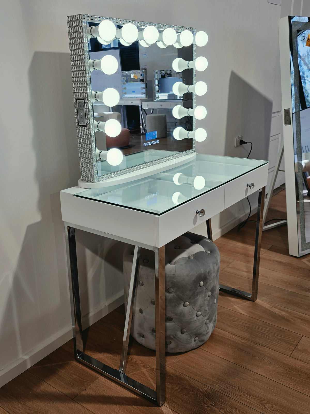 Package Sale: Mini Coco Makeup Table + Large Frameless Makeup Mirror with Bluetooth Speakers/Tri-Lighting + Alexa Grey Ottoman