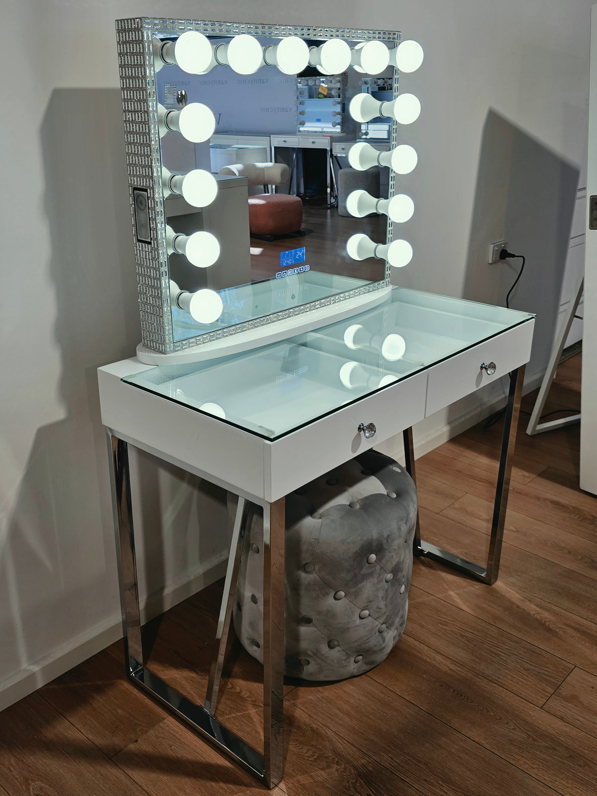 Package Sale: Mini Coco Makeup Table + Large Frameless Makeup Mirror with Bluetooth Speakers/Tri-Lighting + Alexa Grey Ottoman