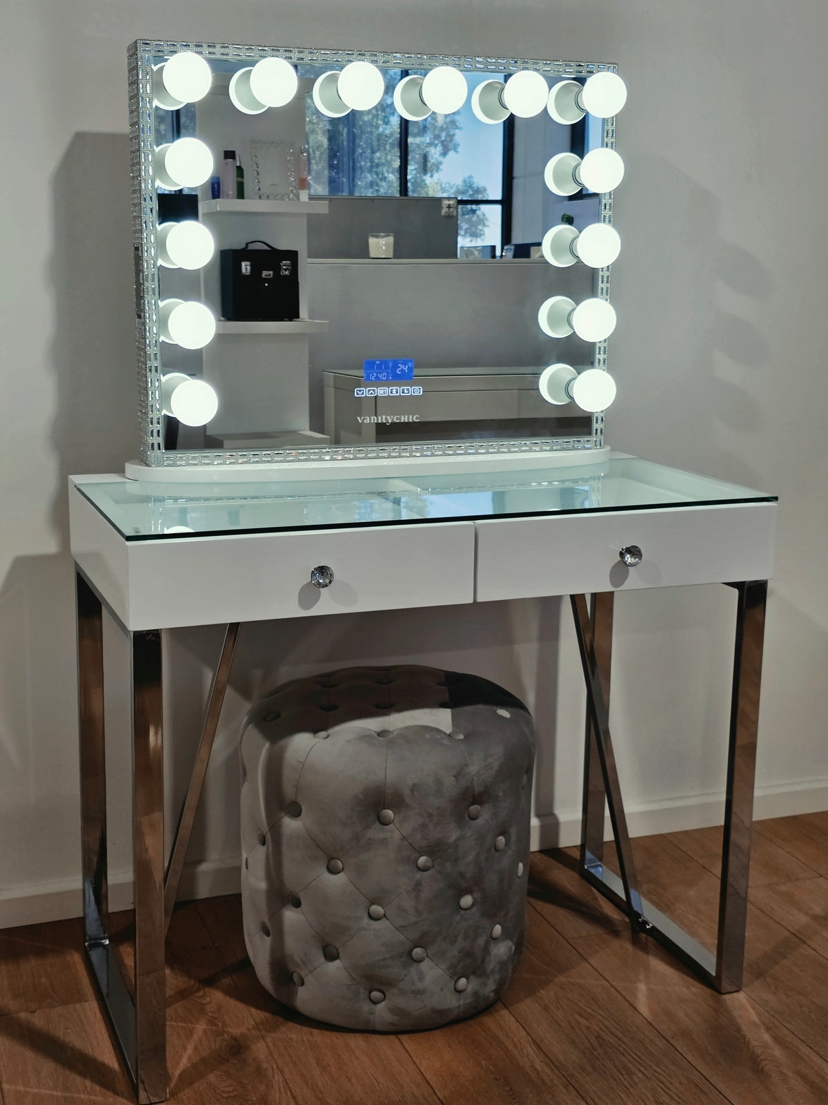 Package Sale: Mini Coco Makeup Table + Large Frameless Makeup Mirror with Bluetooth Speakers/Tri-Lighting + Alexa Grey Ottoman