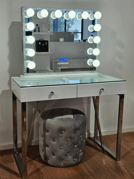 Package Sale: Mini Coco Makeup Table + Large Frameless Makeup Mirror with Bluetooth Speakers/Tri-Lighting + Alexa Grey Ottoman