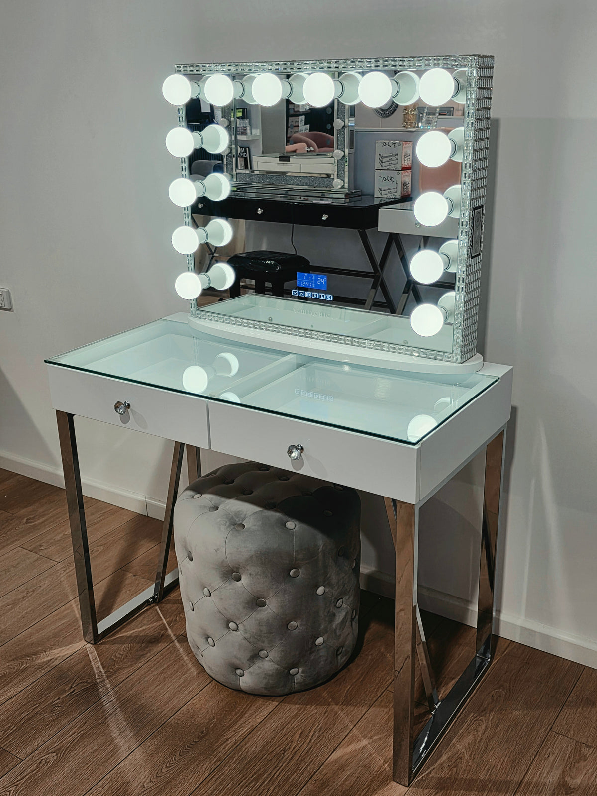 Package Sale: Mini Coco Makeup Table + Large Frameless Makeup Mirror with Bluetooth Speakers/Tri-Lighting + Alexa Grey Ottoman