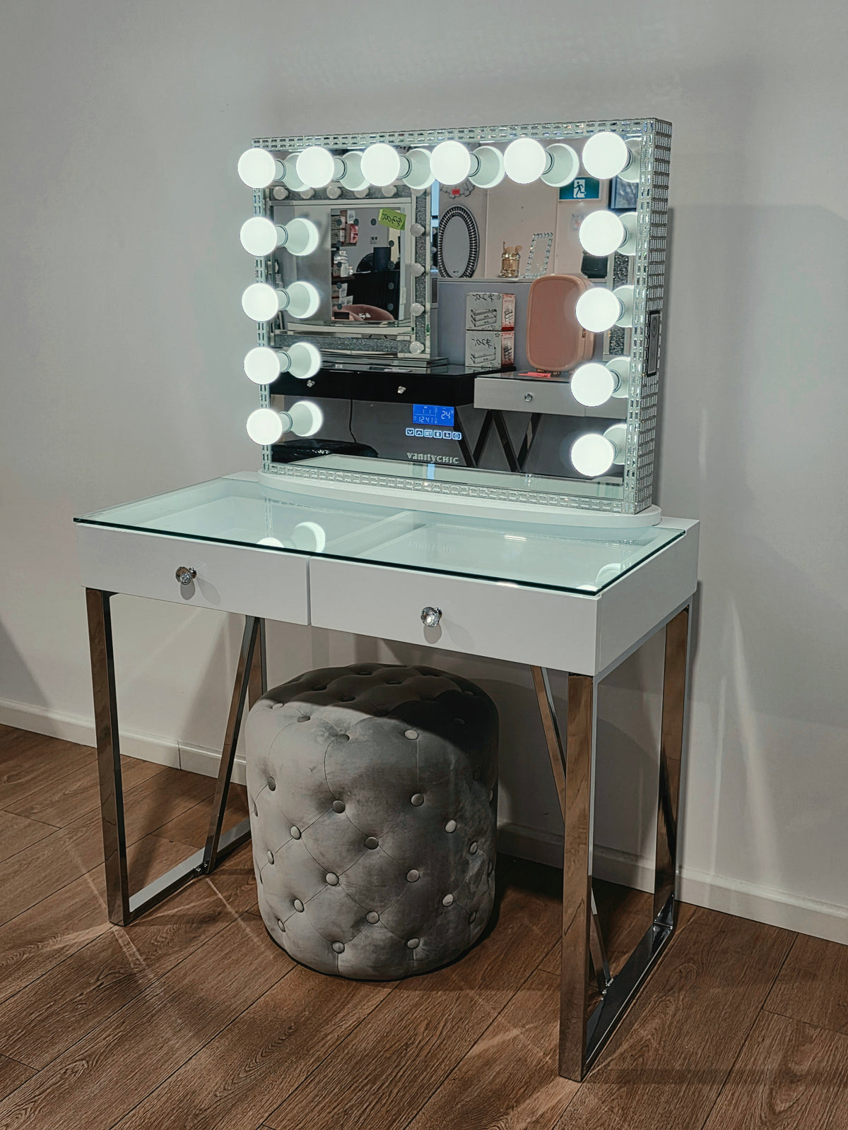 Package Sale: Mini Coco Makeup Table + Large Frameless Makeup Mirror with Bluetooth Speakers/Tri-Lighting + Alexa Grey Ottoman
