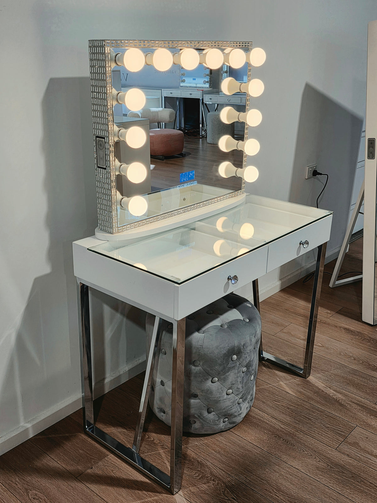 Package Sale: Mini Coco Makeup Table + Large Frameless Makeup Mirror with Bluetooth Speakers/Tri-Lighting + Alexa Grey Ottoman