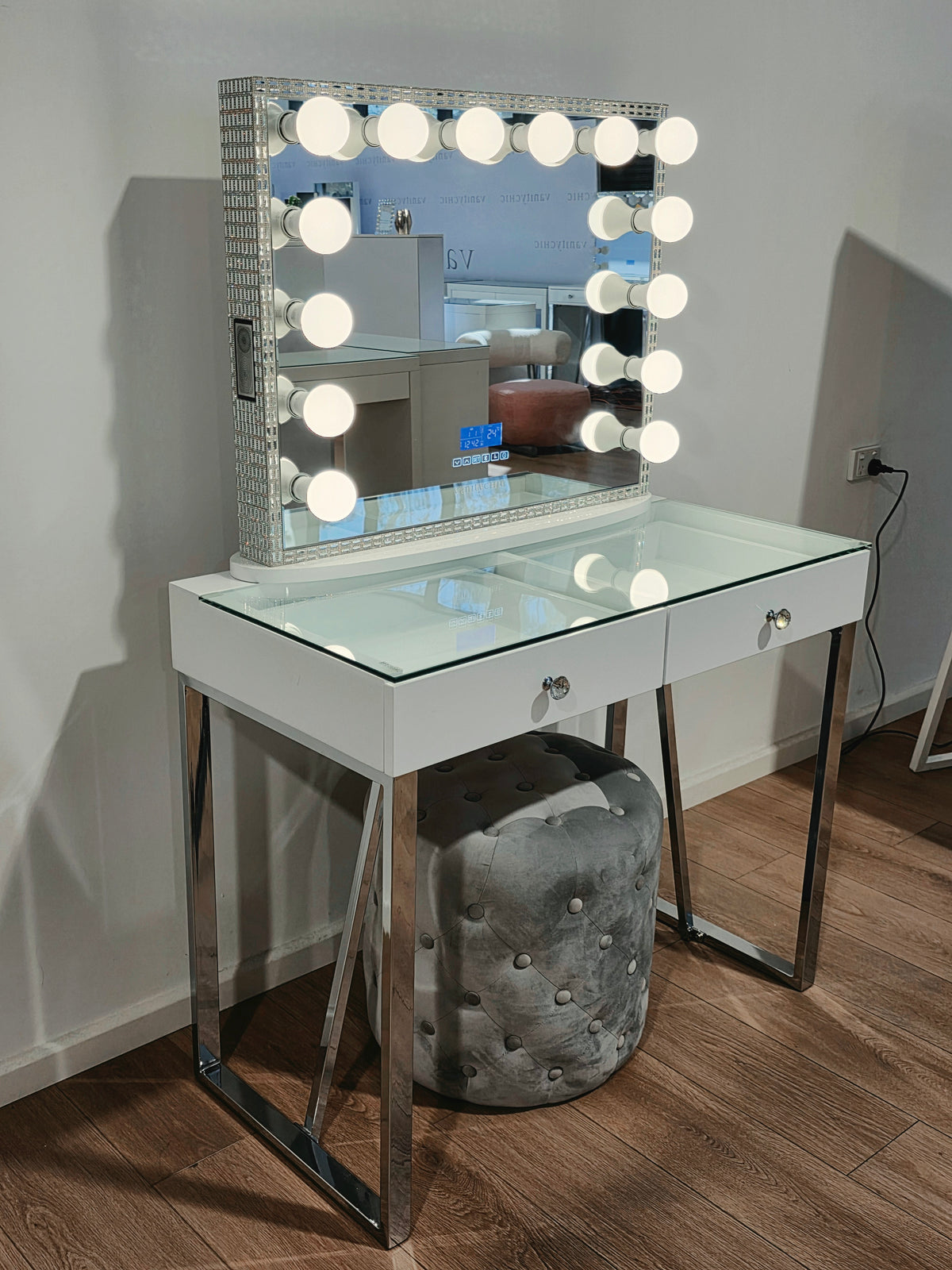 Package Sale: Mini Coco Makeup Table + Large Frameless Makeup Mirror with Bluetooth Speakers/Tri-Lighting + Alexa Grey Ottoman