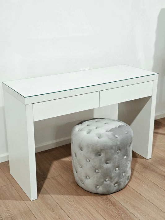 Package Sale: Clearance - 2 Drawers Vera Table with Tempered Glass Top + Alexa Grey Ottoman