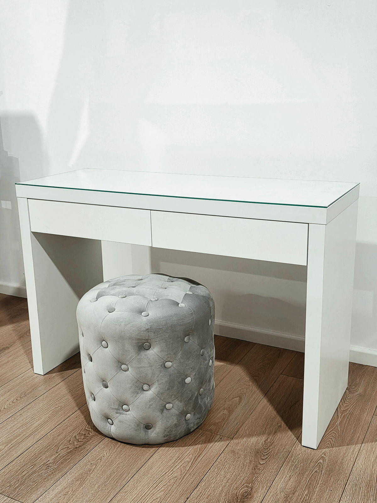 Package Sale: Clearance - 2 Drawers Vera Table with Tempered Glass Top + Alexa Grey Ottoman