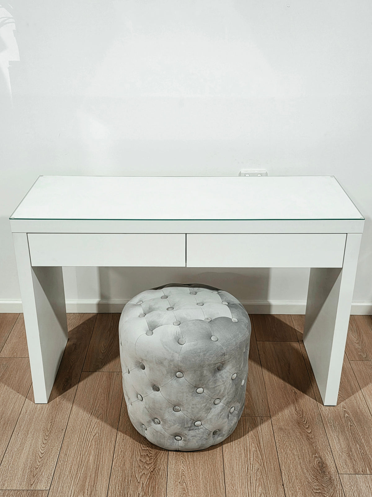 Package Sale: Clearance - 2 Drawers Vera Table with Tempered Glass Top + Alexa Grey Ottoman