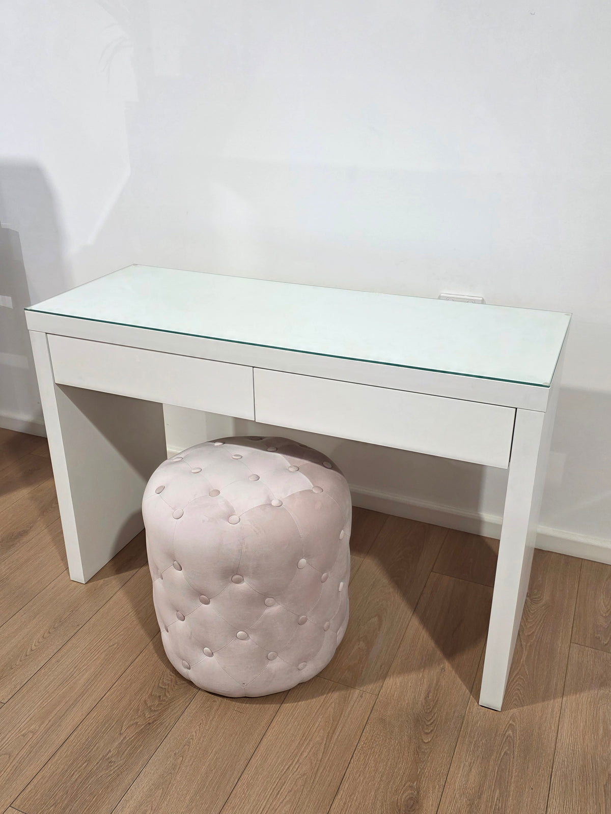 Package Sale: Clearance - 2 Drawers Vera Table with Tempered Glass Top + Alexa Pink Ottoman