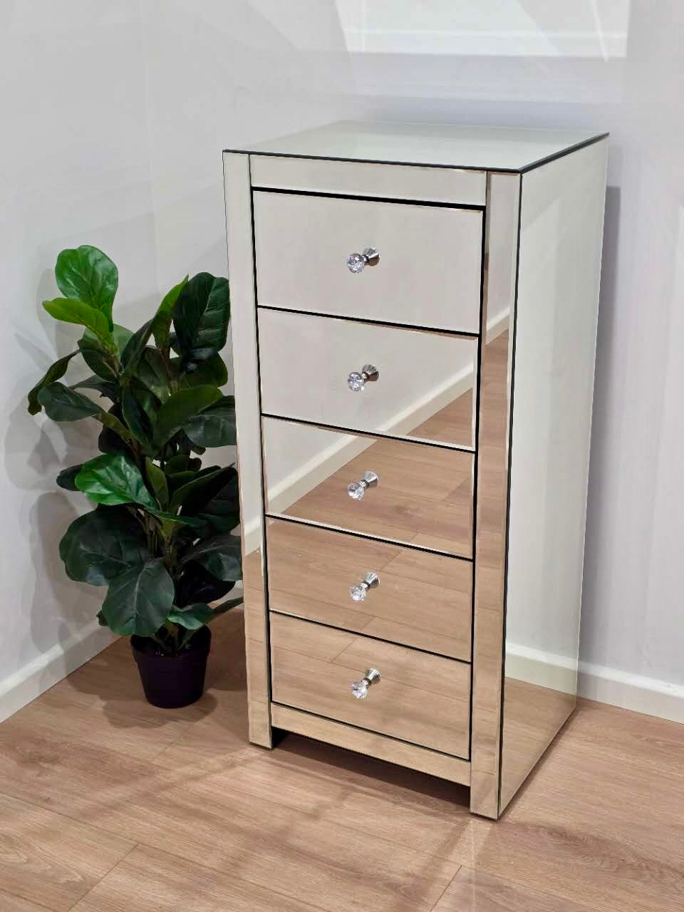 Stock Clearance - 5 Drawers Mirrored Tallboy / Side Drawers