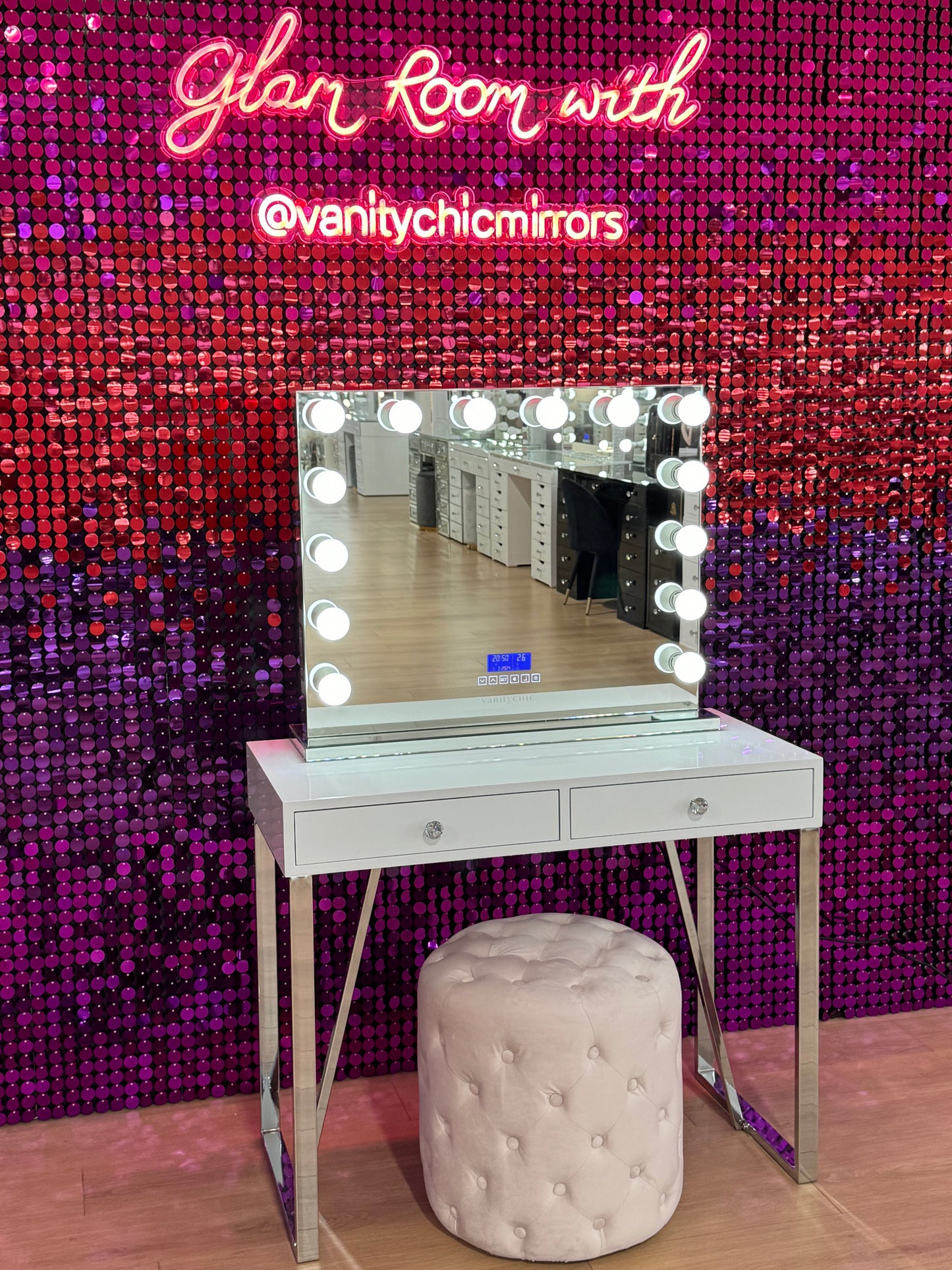 Charlotte Makeup Table + VALENTINA Hollywood Makeup Mirror + Ottoman (Package)