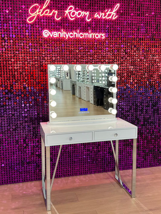 PREMIUM QUALITY - Charlotte Makeup Table + YSABEL Hollywood Makeup Mirror with Bluetooth Speakers/Tri-Lighting