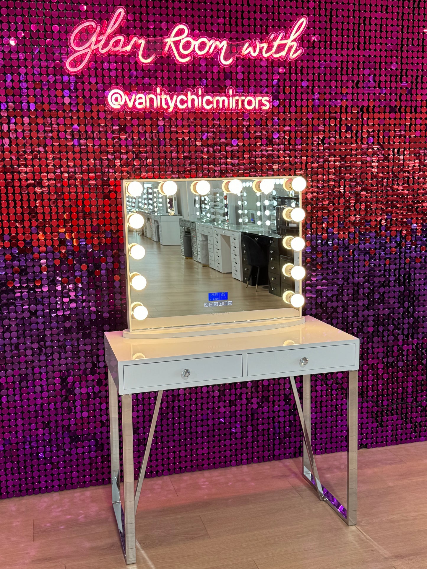 PREMIUM QUALITY - Charlotte Makeup Table + YSABEL Hollywood Makeup Mirror with Bluetooth Speakers/Tri-Lighting