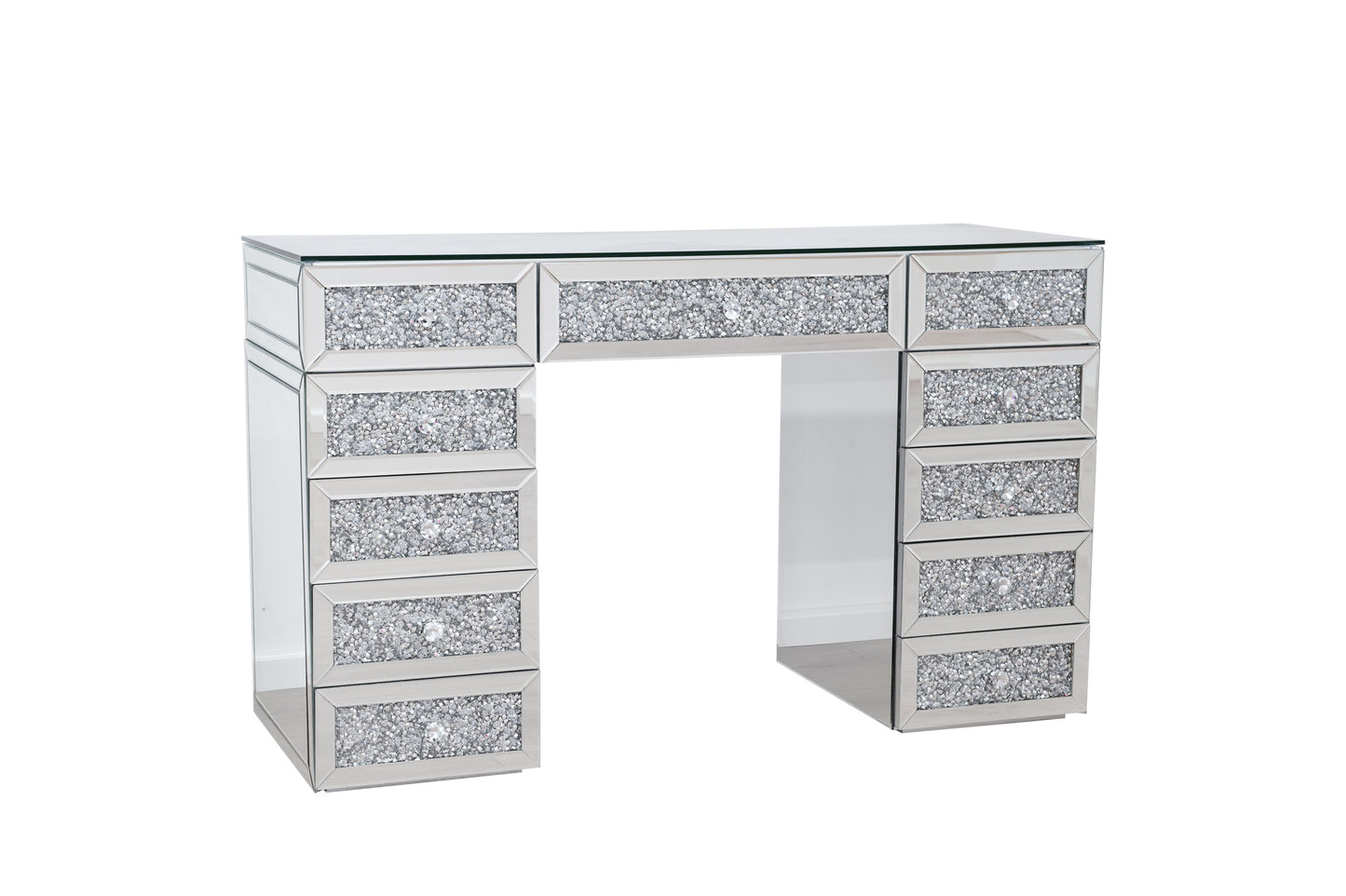 HIGH QUALITY - L150cm Crushed Diamond Beauty Station + XL Shine Makeup Mirror with Bluetooth Speakers + Mirrored Stool