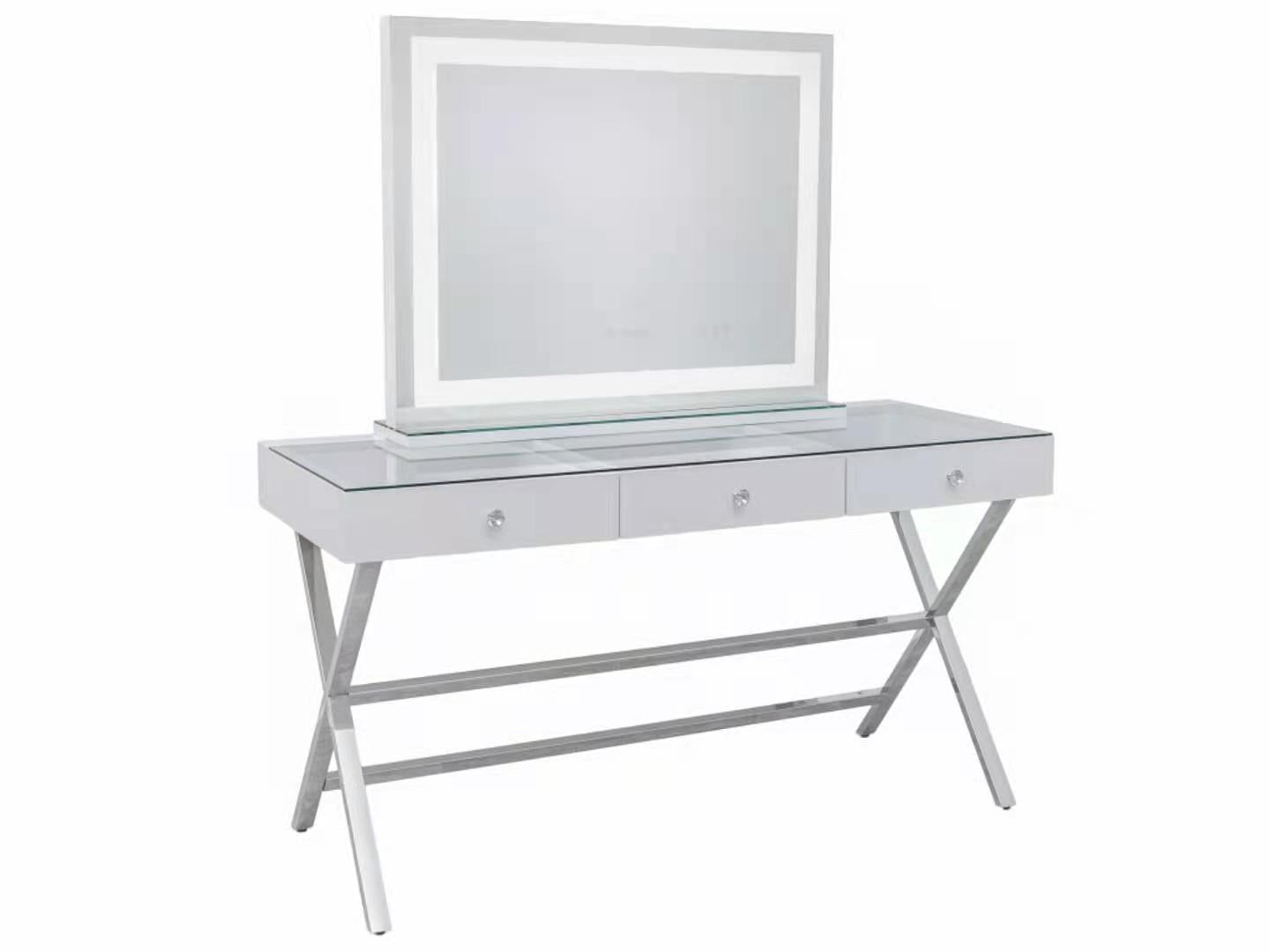 3 Drawers Coco Table with See Through Glass Top + XL Crystal Makeup Mirror with Tri-Lighting