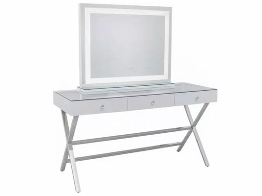 3 Drawers Coco Table with See Through Glass Top + XL Crystal Makeup Mirror with Tri-Lighting
