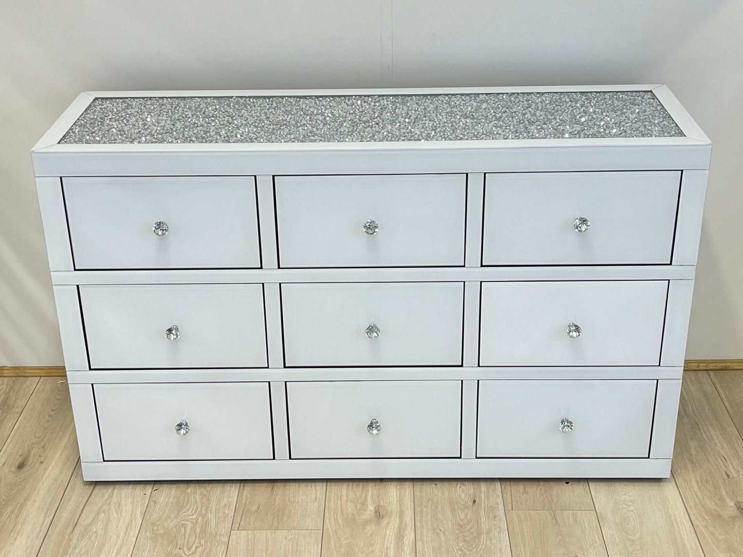 9 Drawers Mirrored Chest with Crystal Top - WHITE