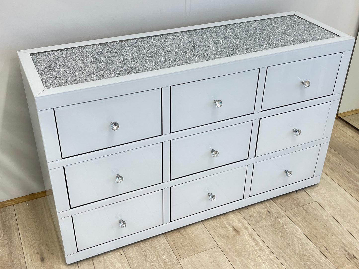 9 Drawers Mirrored Chest with Crystal Top - WHITE