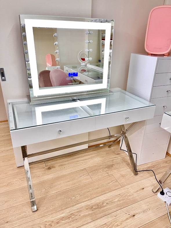 2 Drawers Coco Makeup Table with Clear Glass Top + Large CRYSTAL Hollywood Makeup Mirror with Tri-Lights
