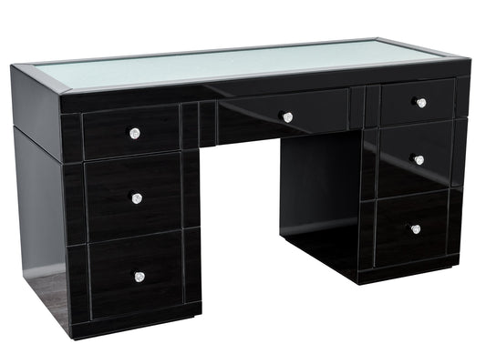 Clearance - 7 Drawers Mirrored Black Makeup Dressing Table with Crystal Top (L150cm x D60cm x H80cm)