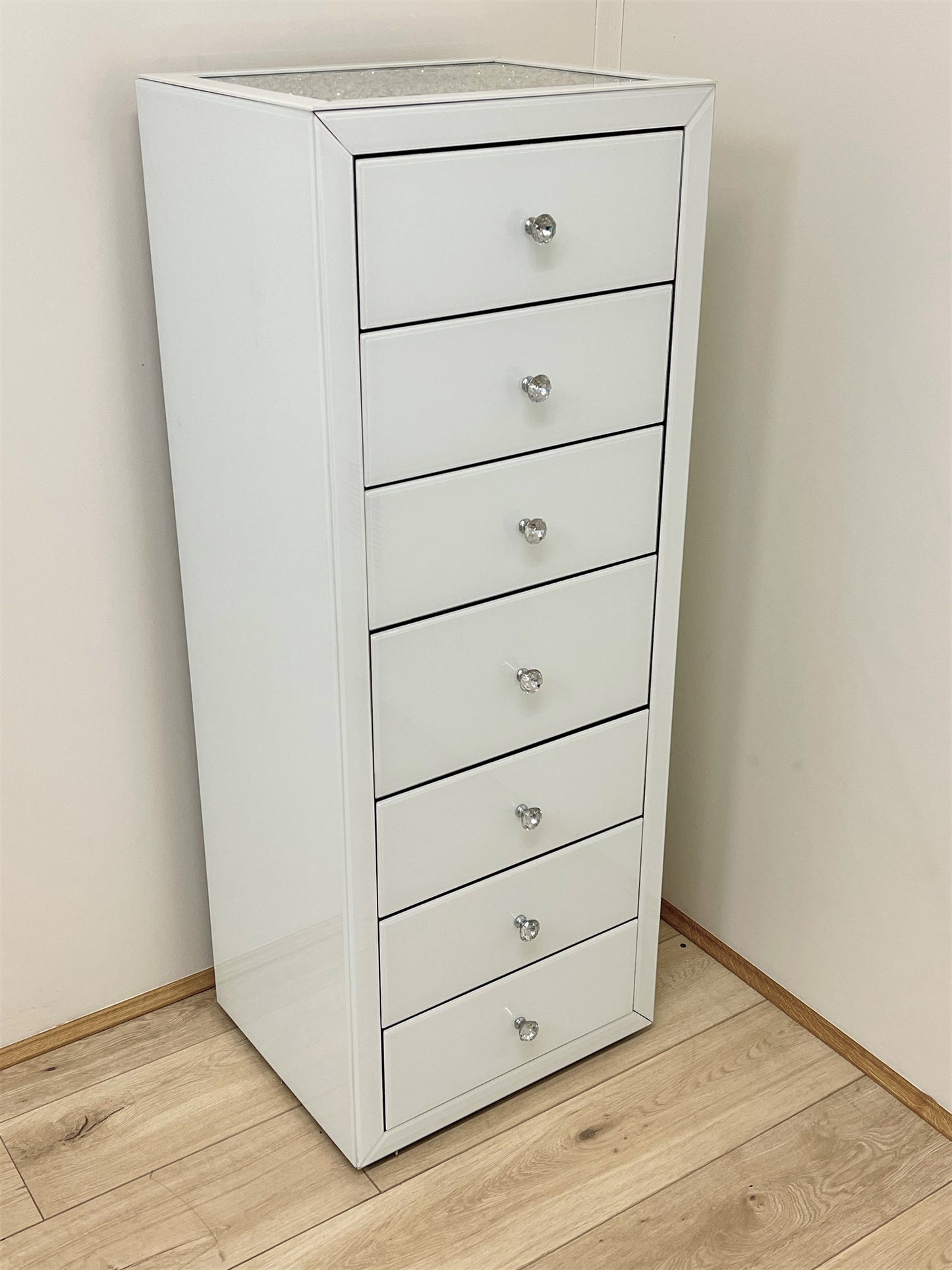 7 Drawers Mirrored Tallboy with Crystal Top