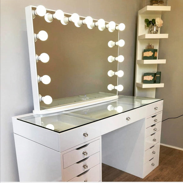 AVA ROSE Beauty Station (Clear Glass Top) + XL YSABEL Hollywood Makeup Mirror with Lights