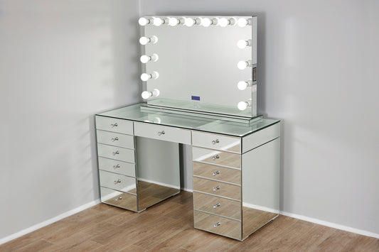 L150cm Mirrored Josephine Beauty Station + XL Valentina Makeup Mirror with Bluetooth Speakers